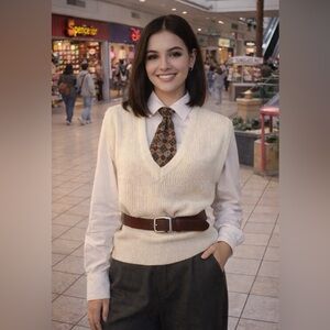 VTG 90s Stephanie J Cream Ribbed Knit Pullover Sweater Vest, Size L